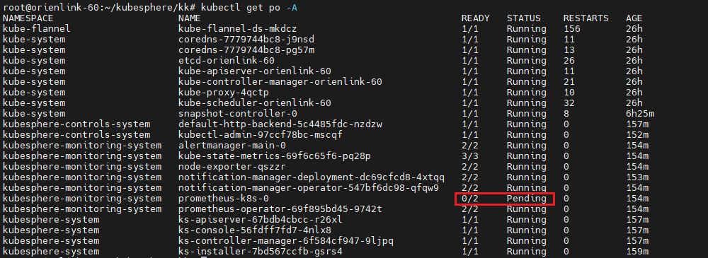 名为prometheus-k8s-0的pod处于pending状态
