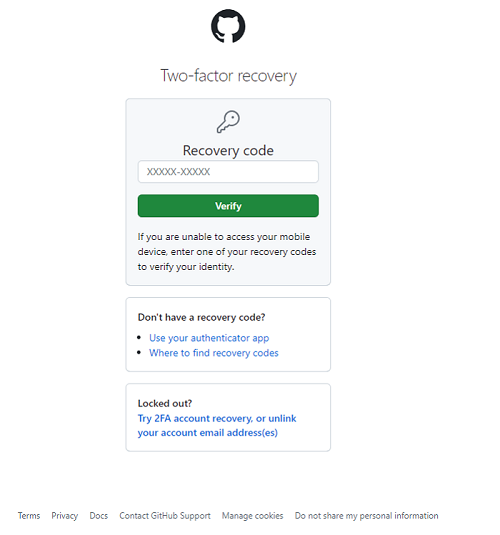 “GitHub 2FA恢复页面”